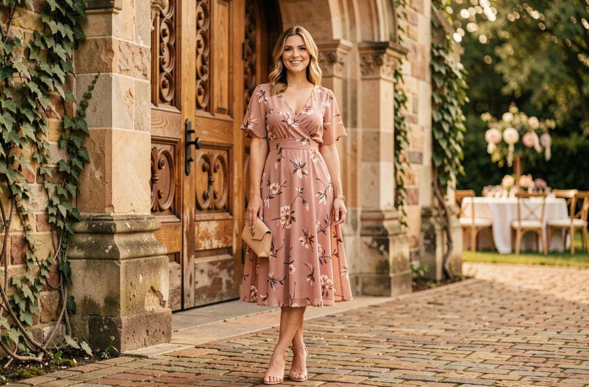 Femme portant une robe courte fleurie rose poudré avec superposition en mousseline devant l'entrée d'une église en pierre pour un mariage religieux
