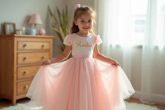 Robe de princesse rose personnalisée avec prénom brodé en fil doré portée par une petite fille dans une chambre décorée