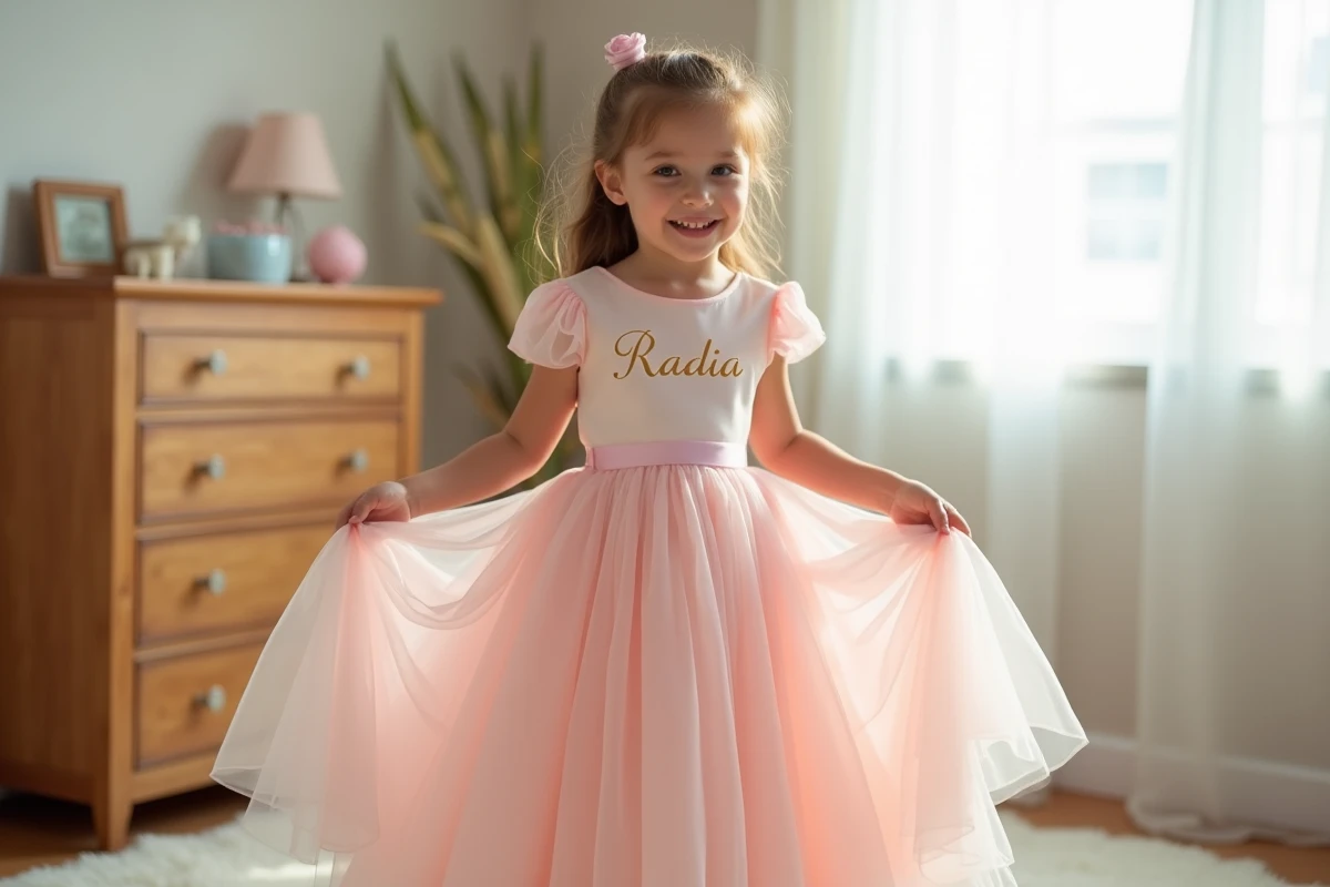 Robe de princesse rose personnalisée avec prénom brodé en fil doré portée par une petite fille dans une chambre décorée