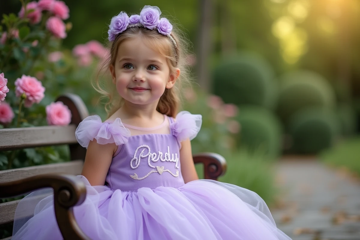 Petite fille en robe de princesse lavande personnalisée avec prénom brodé en blanc assise dans un jardin fleuri