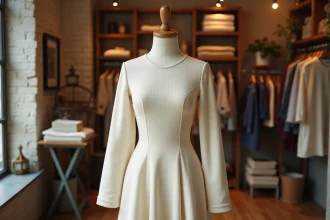 Robe trapèze en laine ivoire sur un mannequin en bois dans une boutique parisienne, illustrant la forme géométrique trapèze dans la mode
