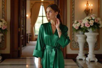 Femme élégante en robe vert émeraude lors d'un mariage