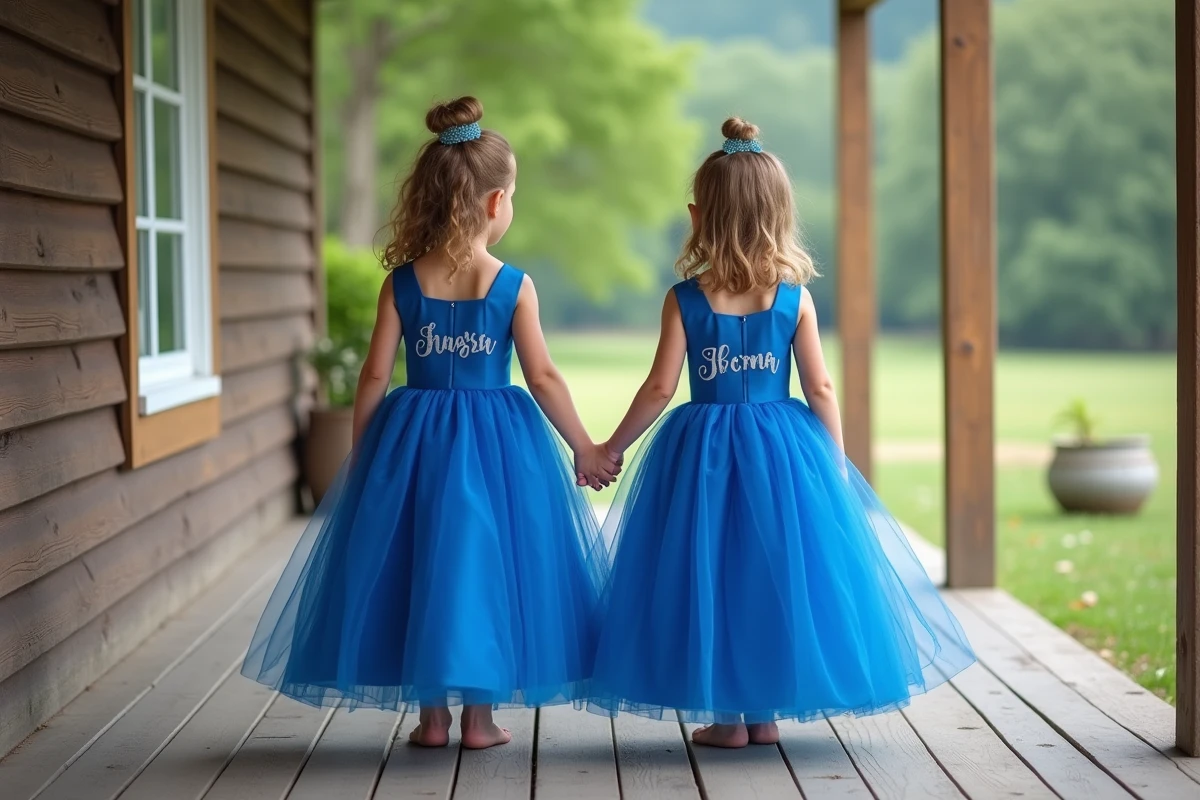 Deux petites filles portant des robes de princesse bleues assorties avec leurs prénoms brodés en argent sur le devant