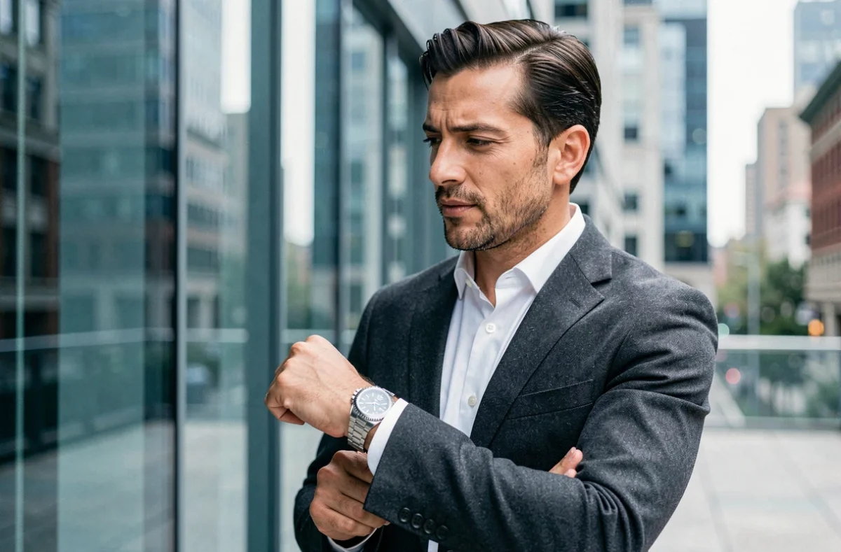 Homme en costume gris consultant sa Rolex Datejust 36 devant une façade urbaine en verre, illustrant l'investissement horloger en 2026