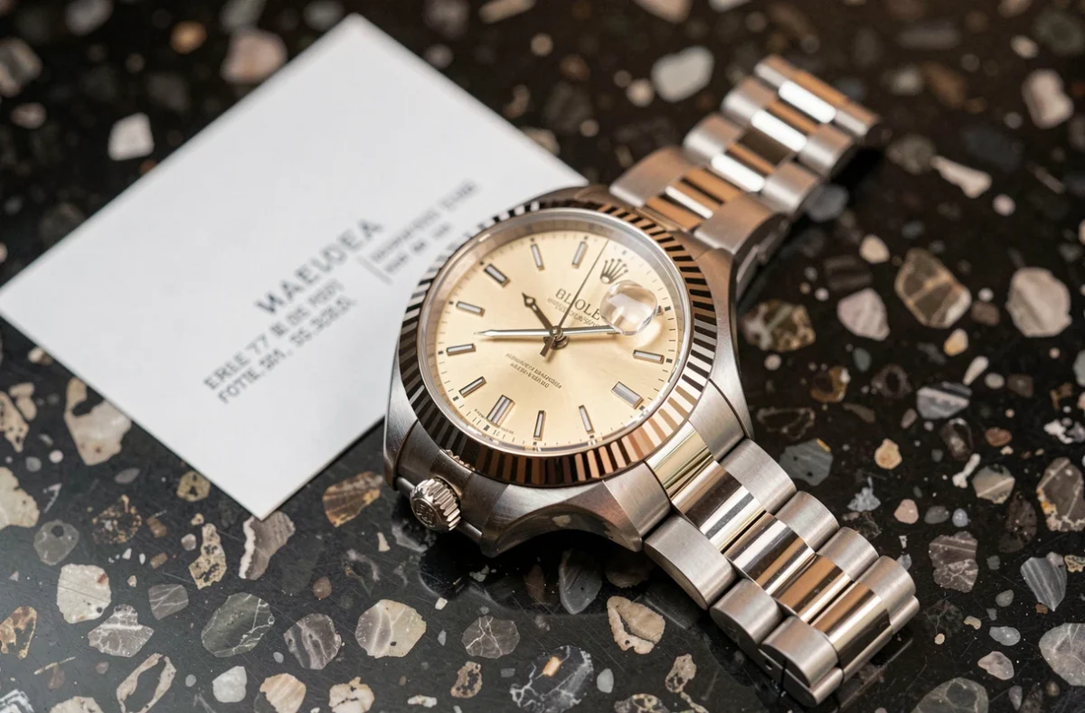 Rolex Datejust 36 posée sur granit noir poli avec bracelet jubilé et cadran champagne, vue rapprochée éditoriale pour illustrer le prix neuf en 2026