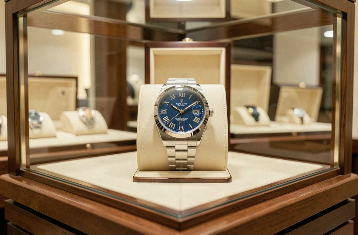 Rolex Datejust 36 exposée dans une vitrine de boutique horlogère de luxe sur coussin en cuir crème, contexte achat neuf et évaluation de l'investissement 2026