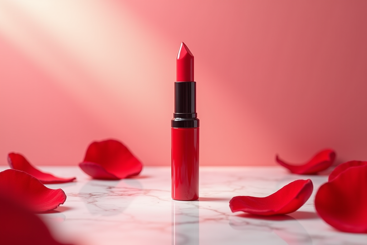 rouge a levres moderne avec roses rouges et fond lumineux
