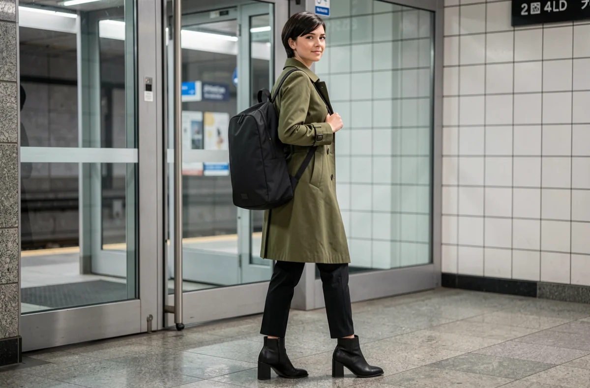 Femme de petite stature avec un sac à dos fin et vertical en nylon noir à l'entrée d'une station de métro, look urbain sans effet cartable
