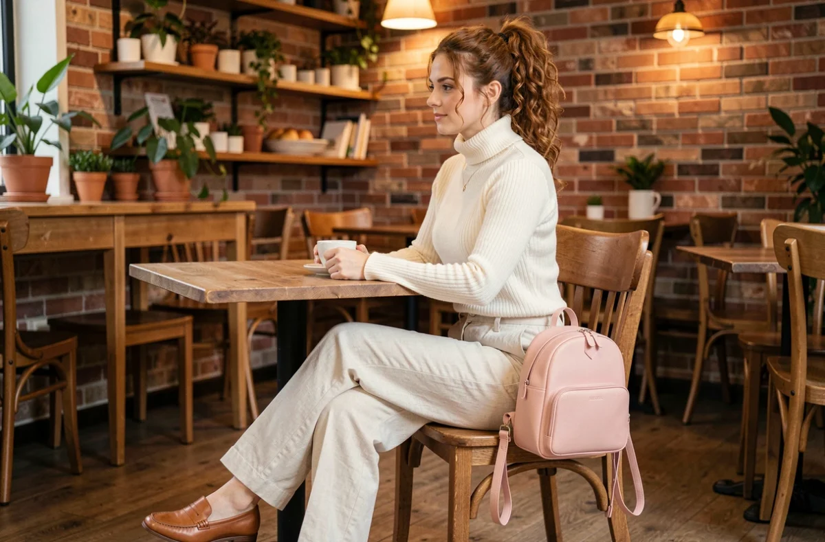 Femme petite taille assise dans un café avec un sac à dos arrondi en cuir rose blush posé sur une chaise, style élégant et proportionné