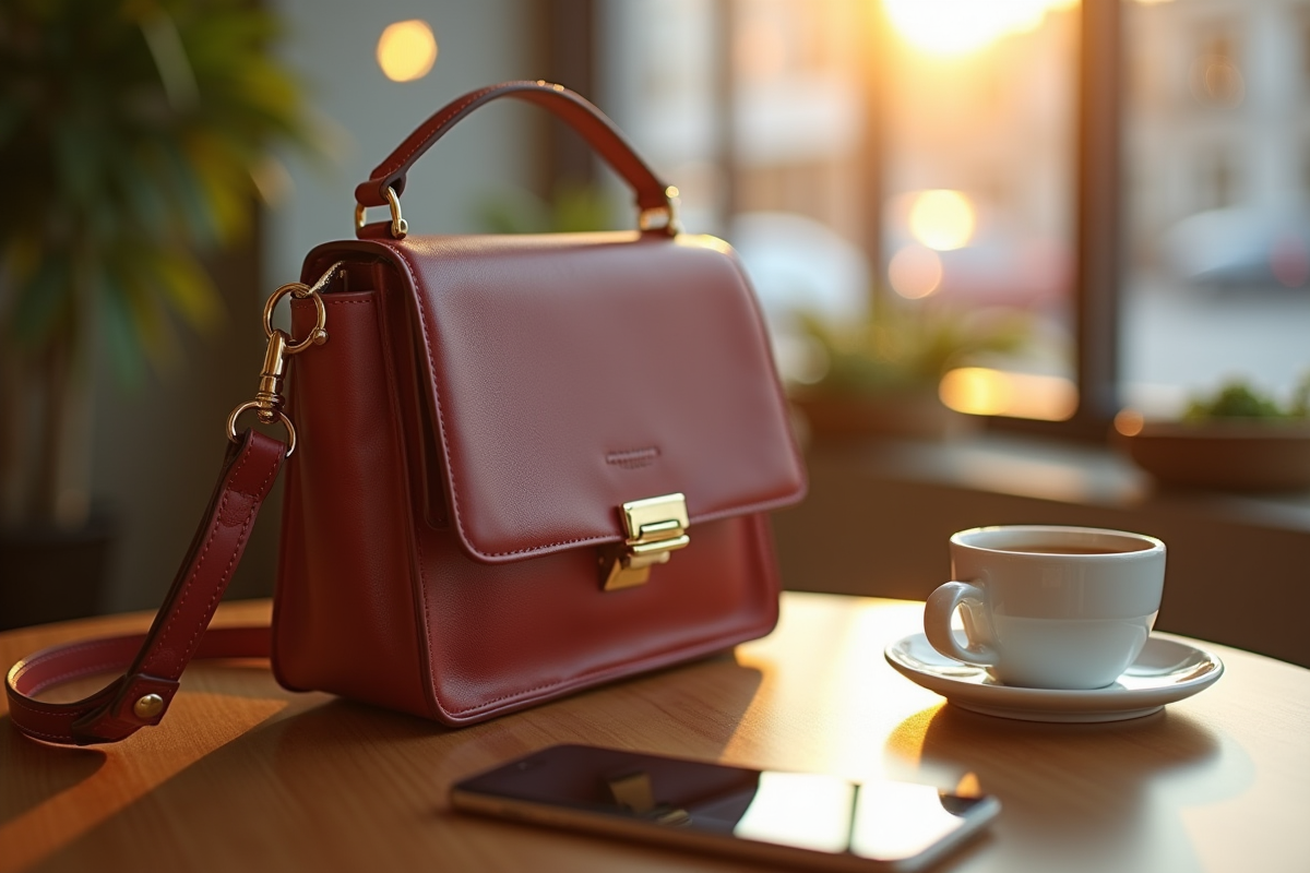 Sac à bandoulière sur une table de café au matin