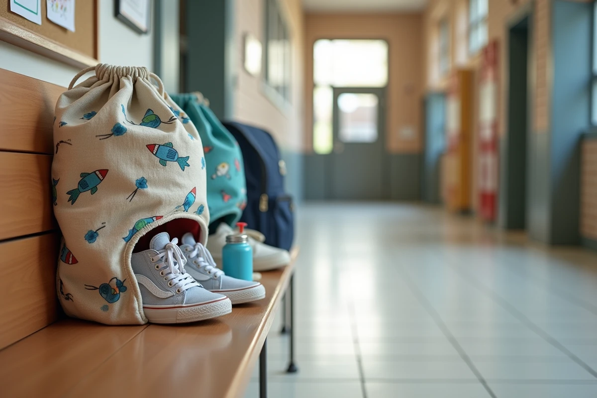 Deux sacs à chaussures enfant posés sur un banc de couloir scolaire avec sacs à dos