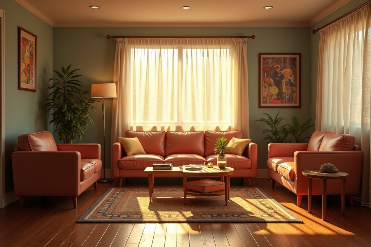 Salon vintage des années 1960 avec lumière naturelle douce