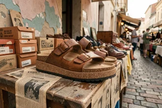 Paire de sandales compensées vintage sur un étal de marché aux puces, entourée de boîtes à chaussures rétro et de coupures de journaux des années 70