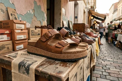 Paire de sandales compensées vintage sur un étal de marché aux puces, entourée de boîtes à chaussures rétro et de coupures de journaux des années 70