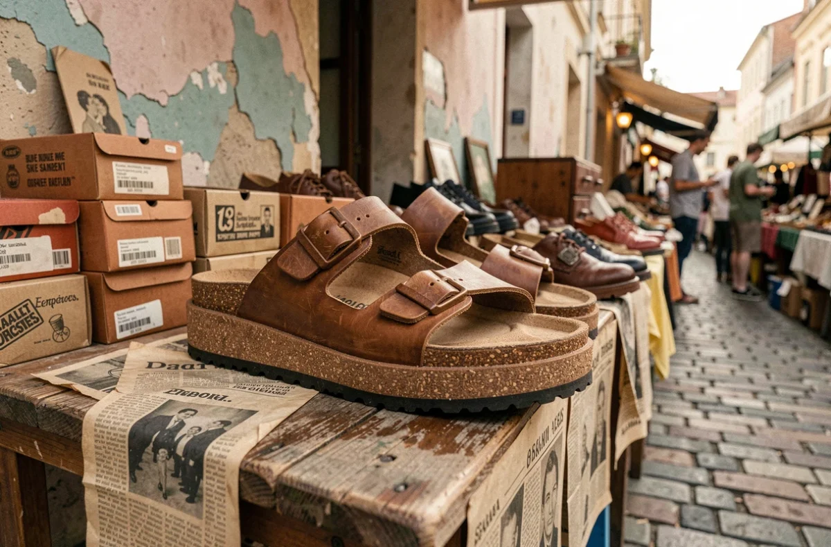 Paire de sandales compensées vintage sur un étal de marché aux puces, entourée de boîtes à chaussures rétro et de coupures de journaux des années 70