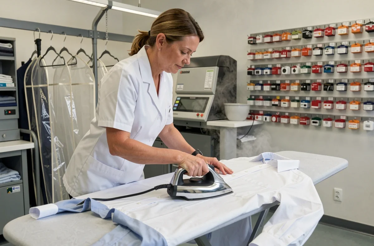 Un pantalon de costume est ajusté sur une table de retouche