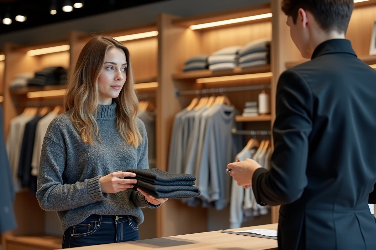 Cliente présentant une réclamation au comptoir du service client d'un magasin de vêtements ZARA