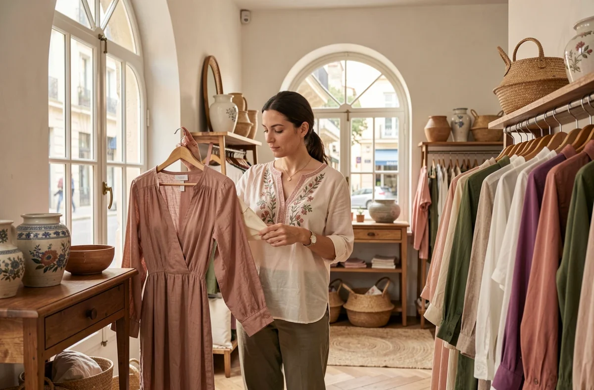 Intérieur élégant de la boutique Sessùn Alma à Marseille avec une cliente examinant un chemisier brodé