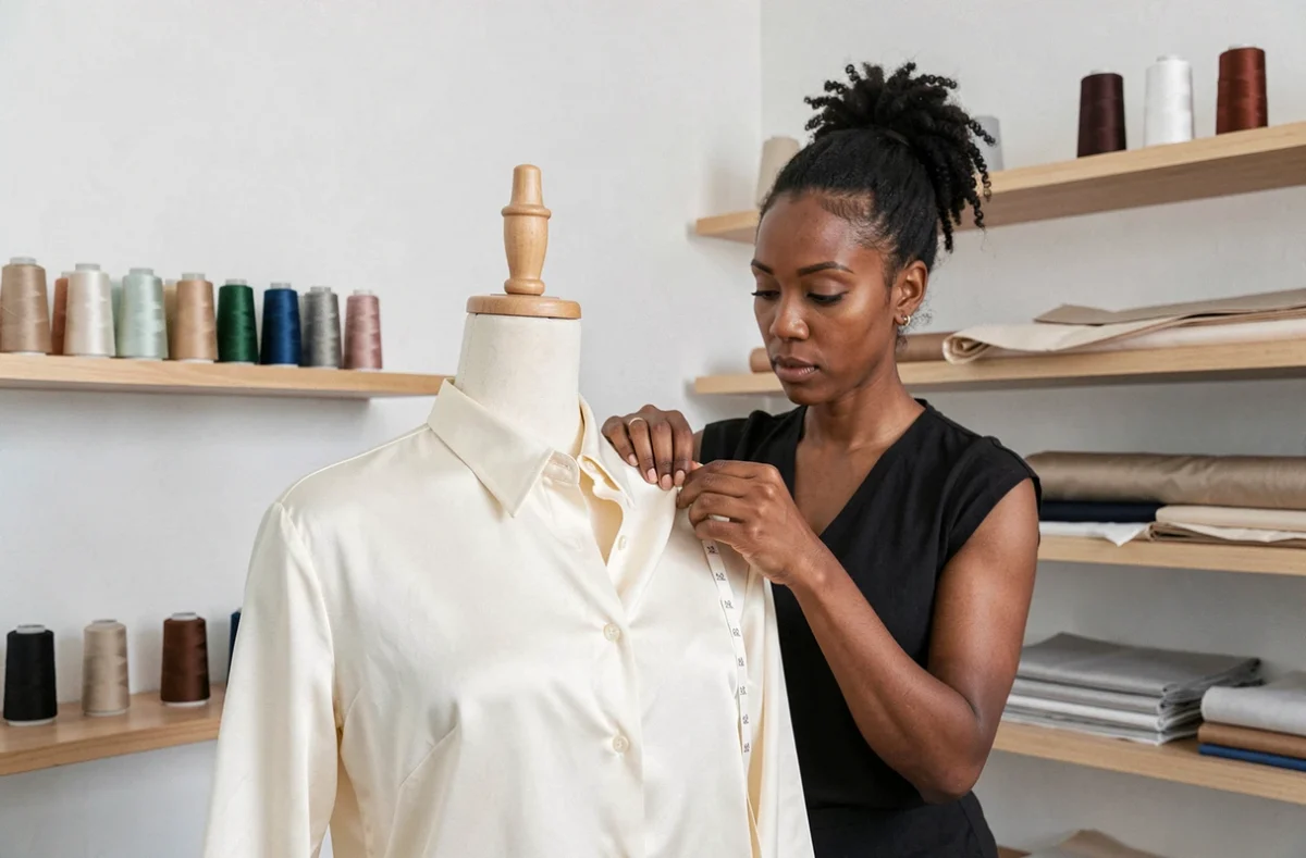 Une couturière finit à la main l'encolure d'un chemisier en soie dans l'atelier Seta, spécialisé en confection