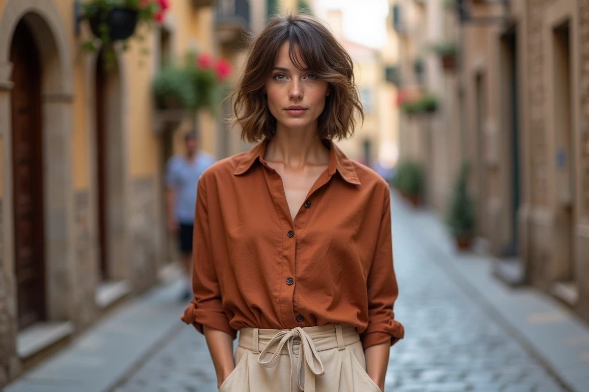 Femme avec une coupe shag courte texturée et bangs rideaux pour affiner un visage rond, chemise lin rouille, rue pavée européenne