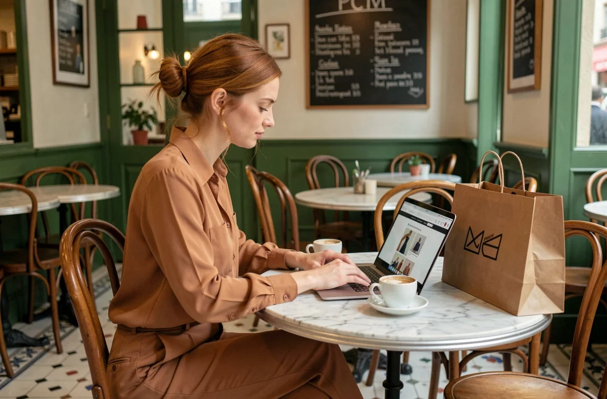 Jeune femme consultant le site de la boutique Lucie Roussel sur son ordinateur dans un café parisien, avec un sac de commande posé à côté