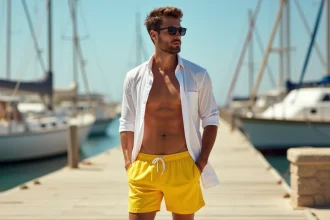 Homme en short de bain Ricard jaune et chemise en lin blanc sur un quai méditerranéen pour l'été 2026