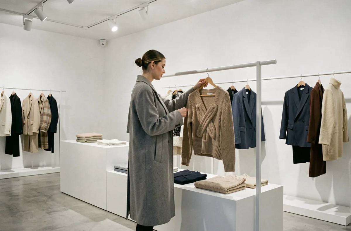 Cliente examinant un pull en maille sculptural dans le Slash Store à Marseille