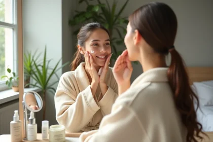 Jeune femme appliquant une creme hydratante visage