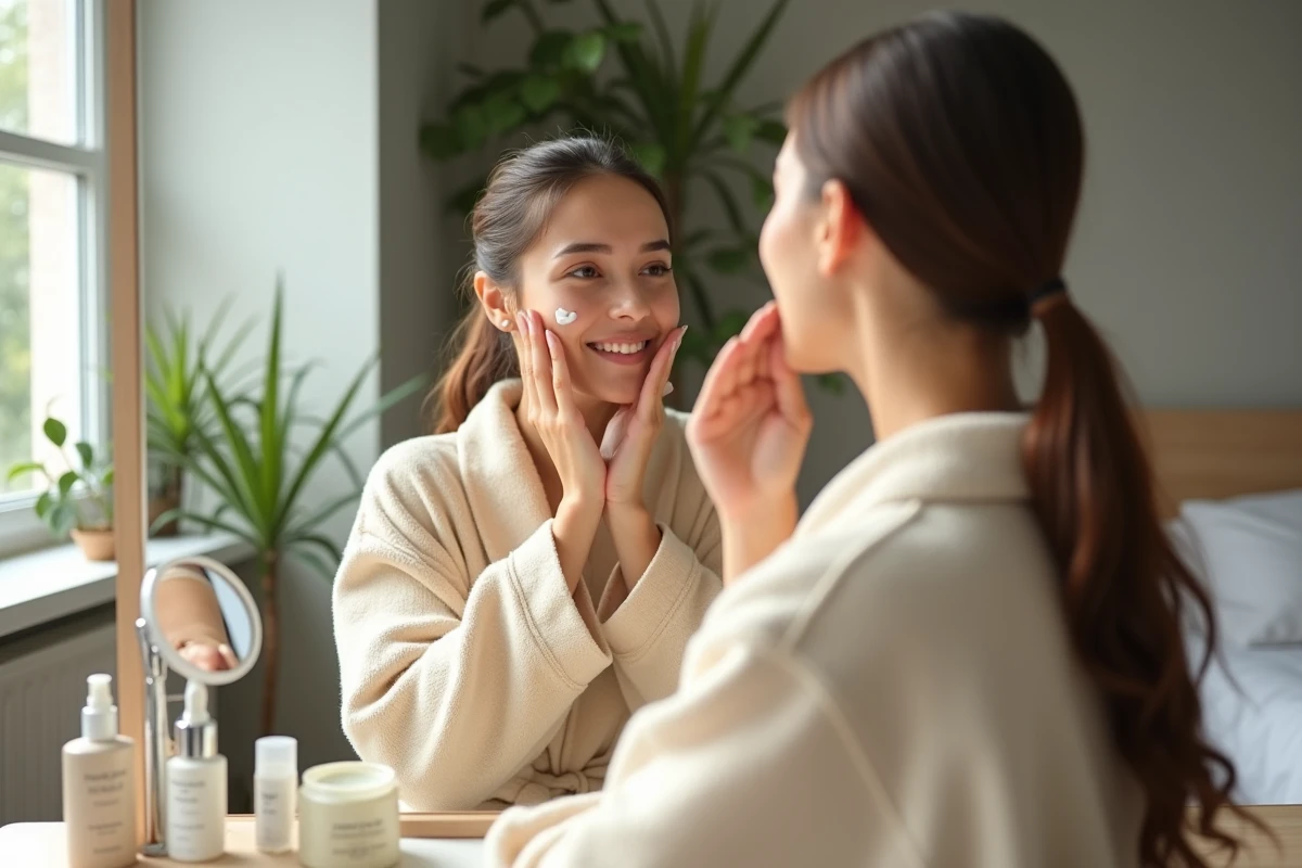 Jeune femme appliquant une creme hydratante visage