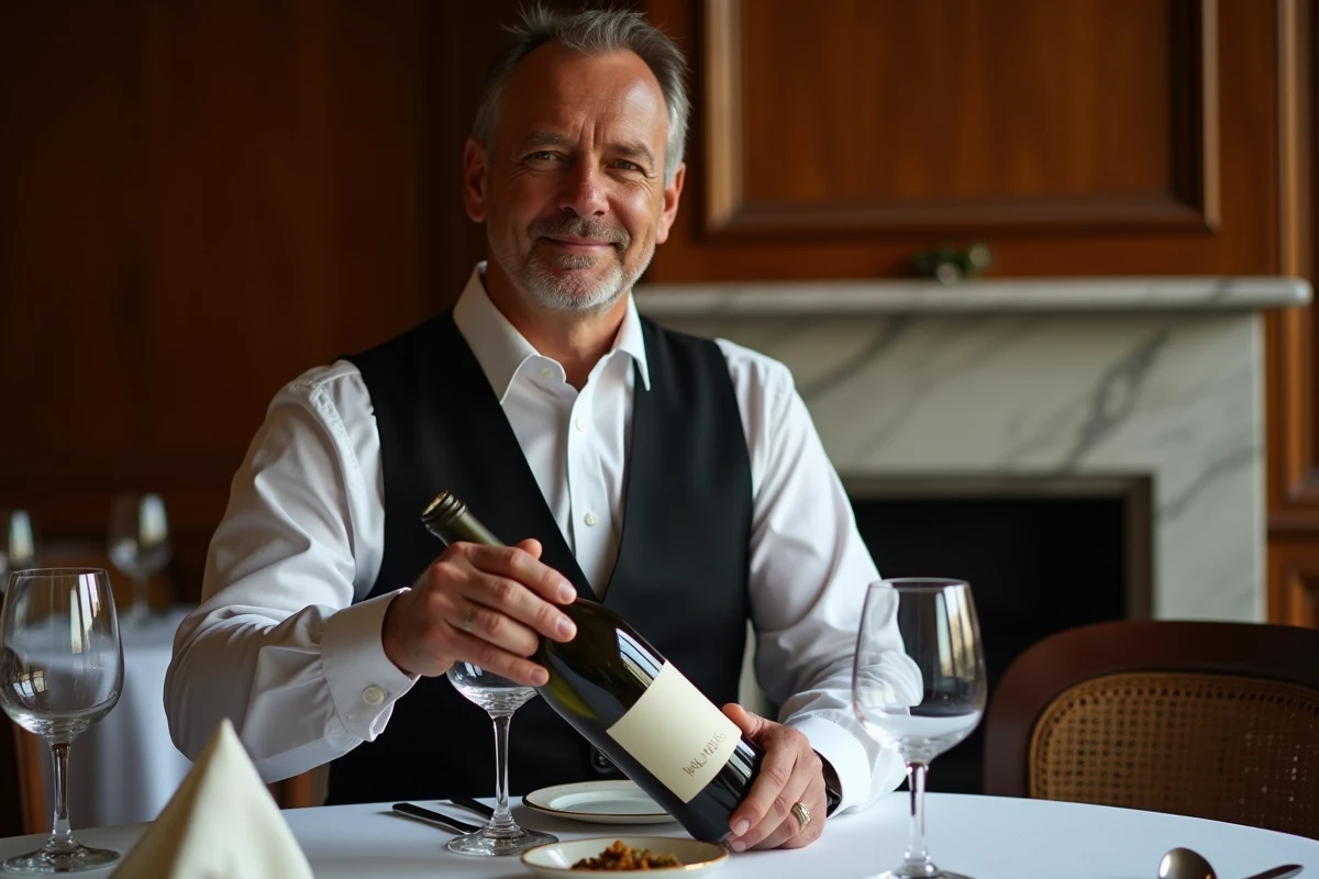 Sommelier présentant un grand cru dans une salle à manger privée parisienne aux boiseries en chêne et à la décoration d'époque