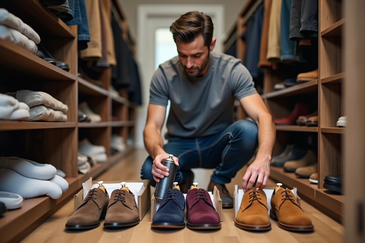 Homme appliquant un spray imperméabilisant sur des chaussures en daim avant de les ranger dans des boîtes