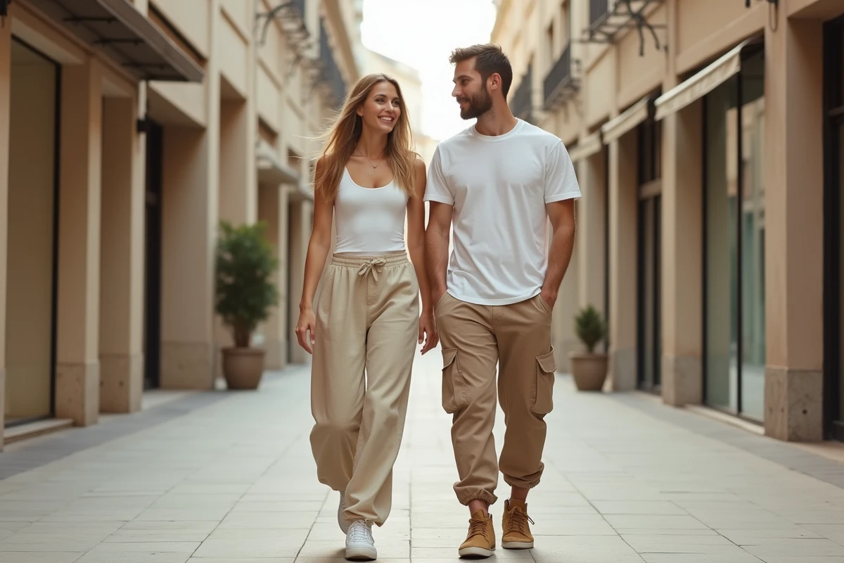 Deux amis en tenues streetwear minimalistes coordonnées beige et blanc marchant dans une rue piétonne urbaine