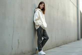 Femme en tenue streetwear minimaliste ivoire et gris anthracite devant un mur en béton urbain