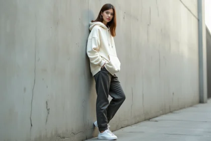 Femme en tenue streetwear minimaliste ivoire et gris anthracite devant un mur en béton urbain