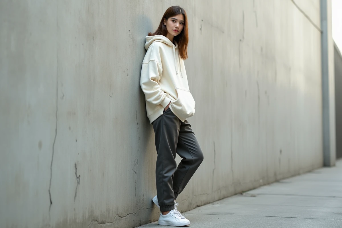 Femme en tenue streetwear minimaliste ivoire et gris anthracite devant un mur en béton urbain
