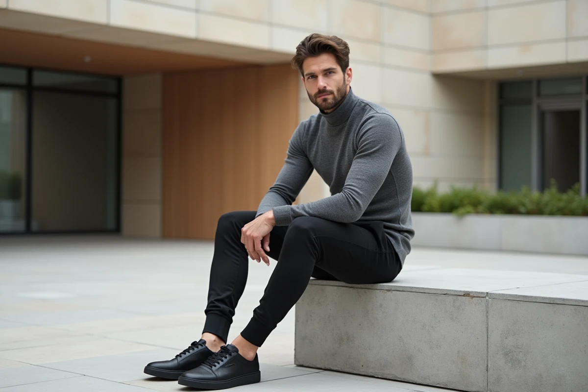 Homme en streetwear monochrome minimaliste assis sur un banc en béton dans une place urbaine moderne