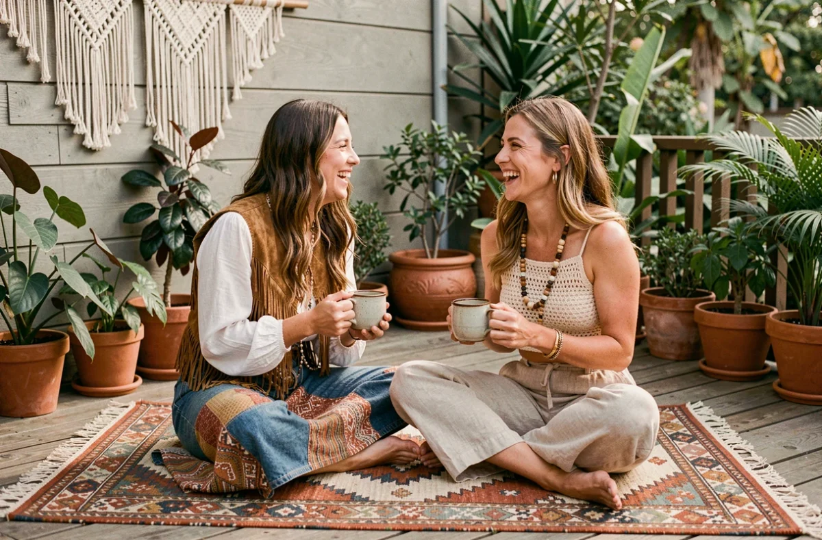 Deux femmes en tenues bohèmes hippie années 70 avec franges, crochet et macramé sur une terrasse décorée de plantes