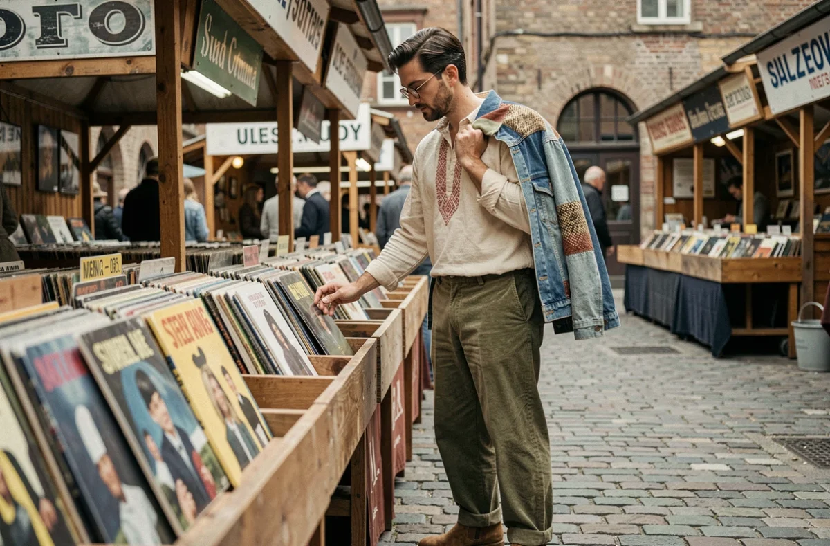 Homme en pantalon velours côtelé large et chemise paysanne brodée style hippie années 70 dans un marché vintage en plein air
