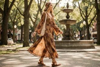 Femme portant une robe maxi bohème fleurie style hippie années 70 avec sandales en cuir et sac en macramé dans un parc urbain