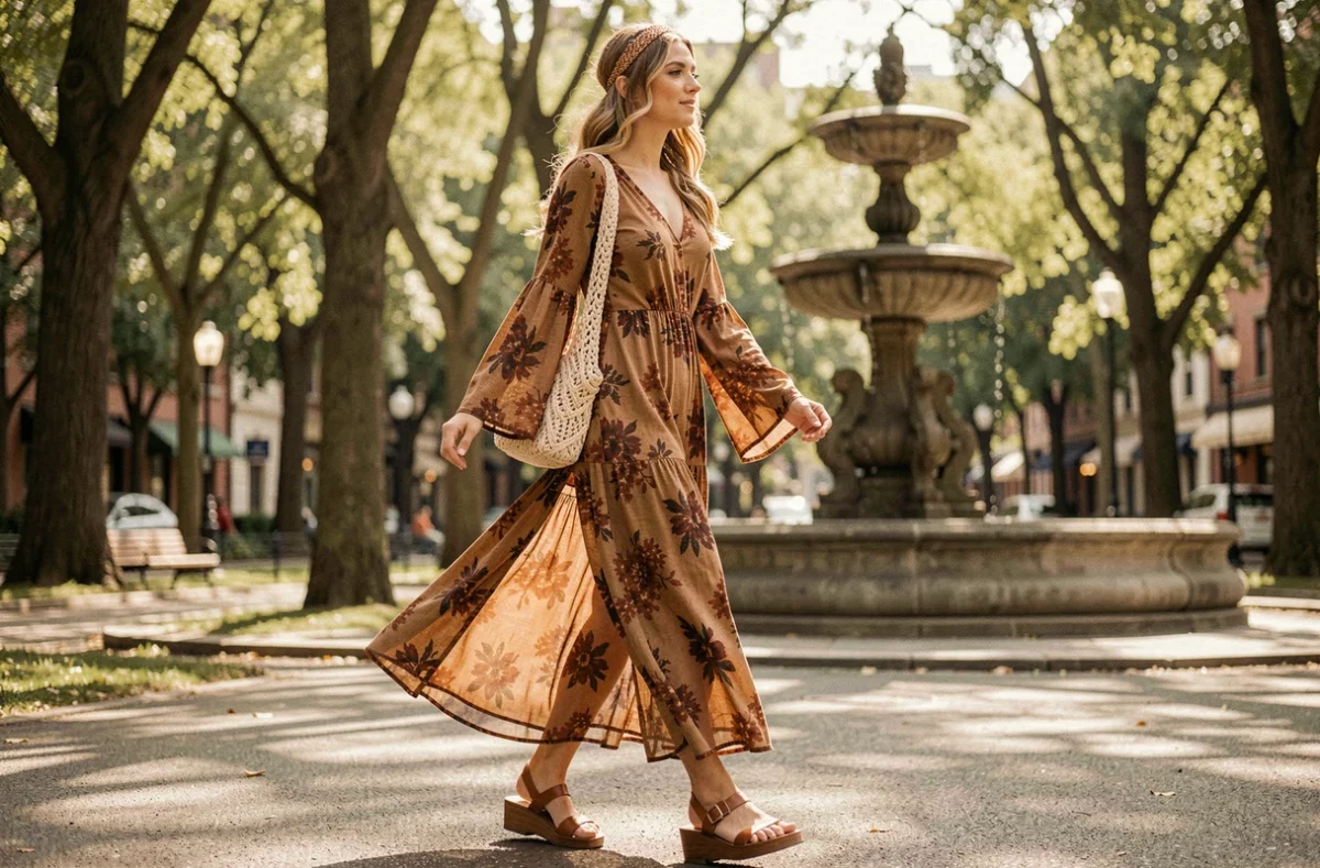 Femme portant une robe maxi bohème fleurie style hippie années 70 avec sandales en cuir et sac en macramé dans un parc urbain