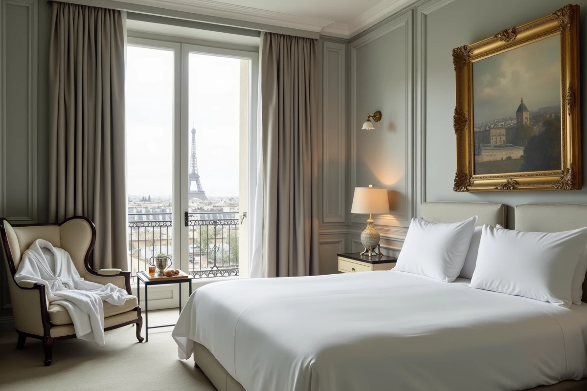 Suite luxueuse d'un palace parisien avec vue sur les toits et la Tour Eiffel, décorée en blanc et or avec du linge de lit haute couture