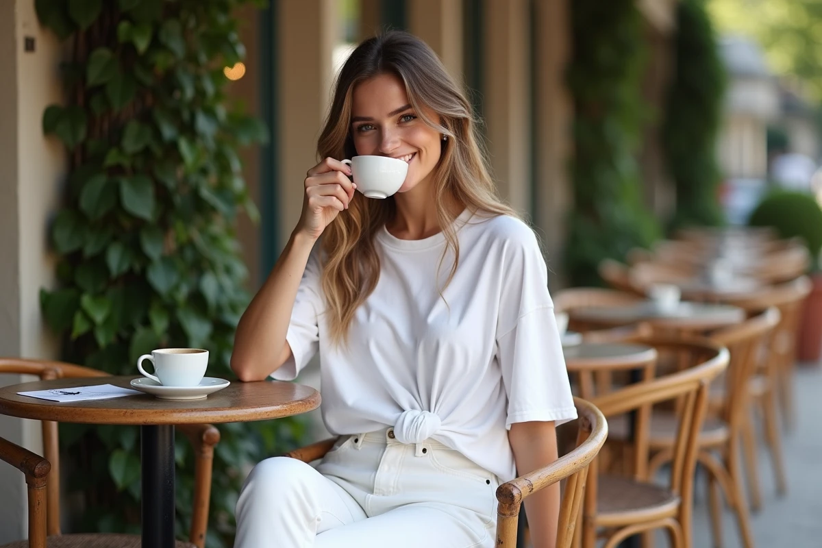 Femme en jean blanc et t-shirt blanc noué attablée à une terrasse de café parisienne style décontracté