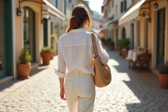 Femme en tenue blanche décontractée lin chemise et pantalon large marchant dans une rue pavée animée