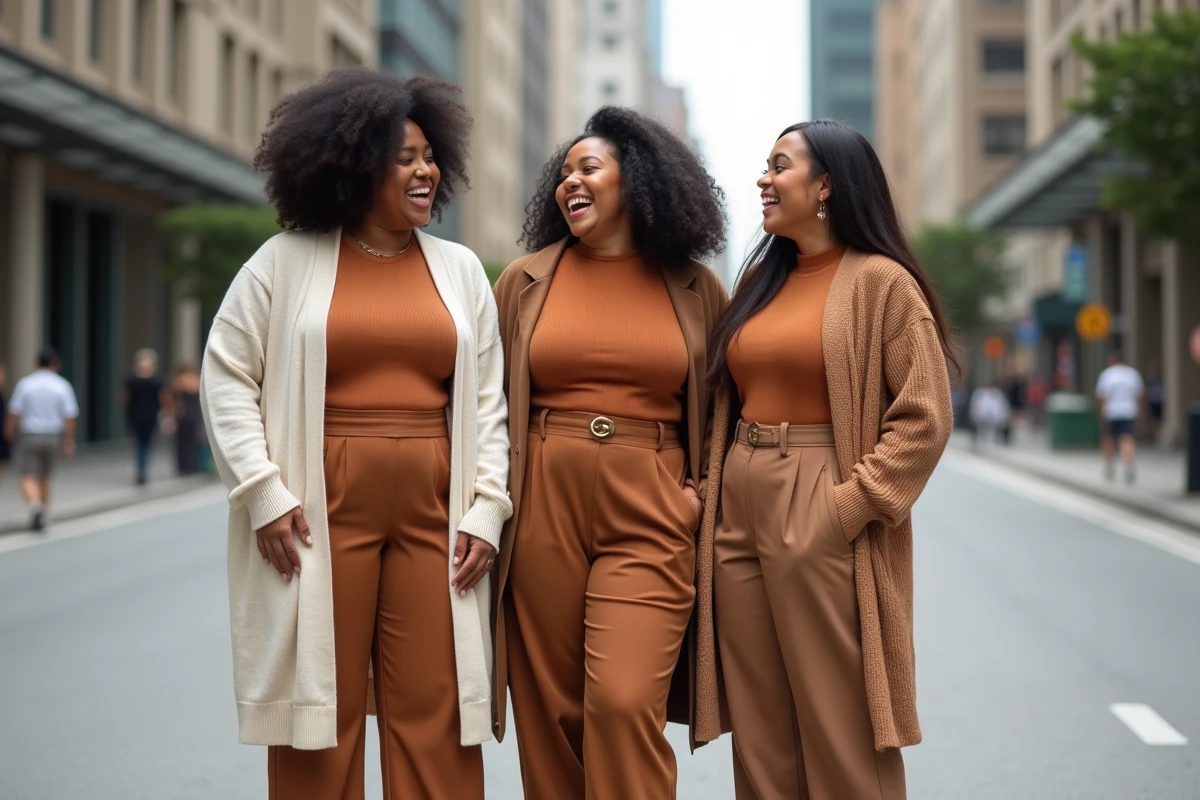 Trio de mannequins grande taille en tenues tendance posant en extérieur dans une rue urbaine moderne