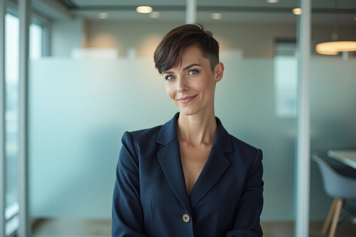 Femme de 40 ans avec un undercut court et frange diagonale structurée affinant un visage rond, robe marine, bureau contemporain