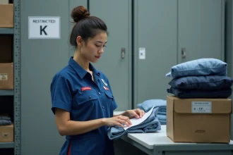 Femme en uniforme postal vérifiant une liste dans un centre sécurisé