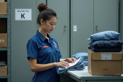 Femme en uniforme postal vérifiant une liste dans un centre sécurisé