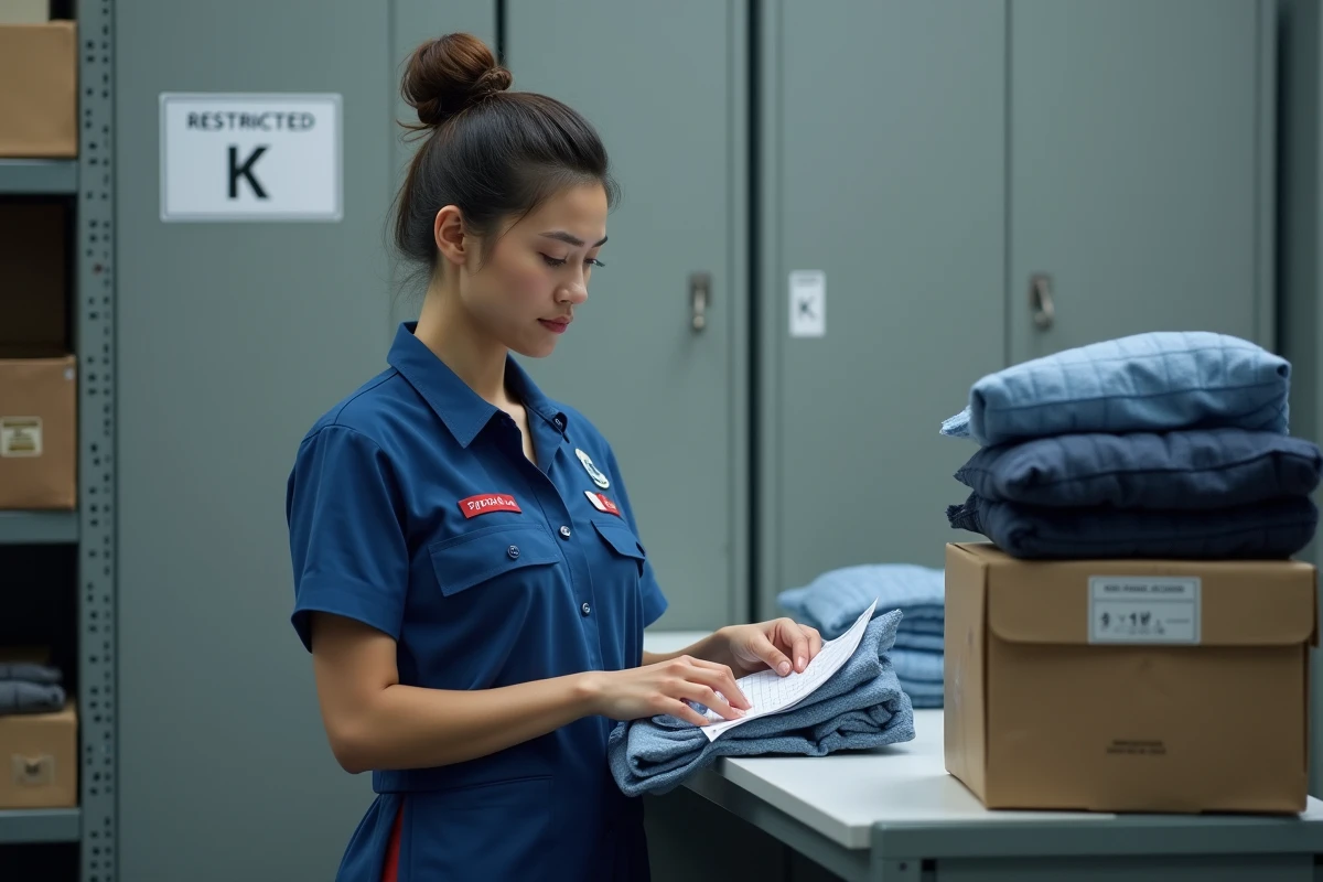Femme en uniforme postal vérifiant une liste dans un centre sécurisé
