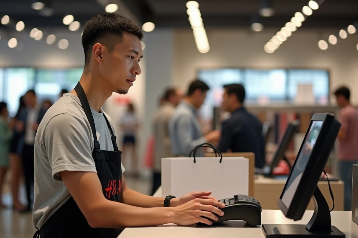 Employé masculin H&M à la caisse enregistreuse traitant le paiement d'un client