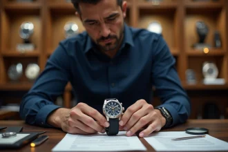 Un homme examine attentivement une montre Daytona pour vérifier l'authenticité d'une offre à prix bas